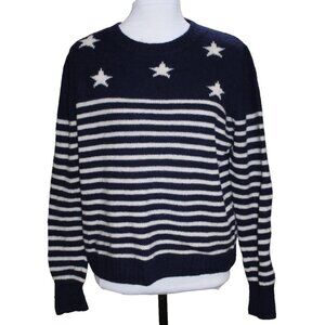 Aqua Cashmere Sweater Womens XL Navy Blue Pullover Star Print Ribbed Hem Playful